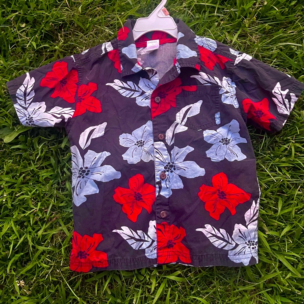 Gymboree Hawaiian Floral Navy Blue, Red Button-Up Short-Sleeve Shirt Boys Sz 5